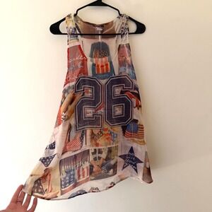 Vintage Y2K Womens Mesh Graphic Jersey Tank Top Size L Sheer Patriotic Collage